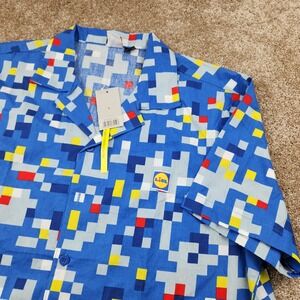Lidl Mens Short Sleeve Button Down Shirt Blue Pixel Pattern Logo Large New